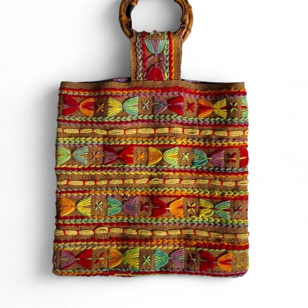 Handmade colorful mixed textiles woven tote bag with wood handle